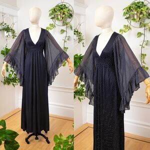 Vintage 1970s Maxi Dress 70s Black Polka Dot Angel Sleeve Maxi Boho Goth Gown